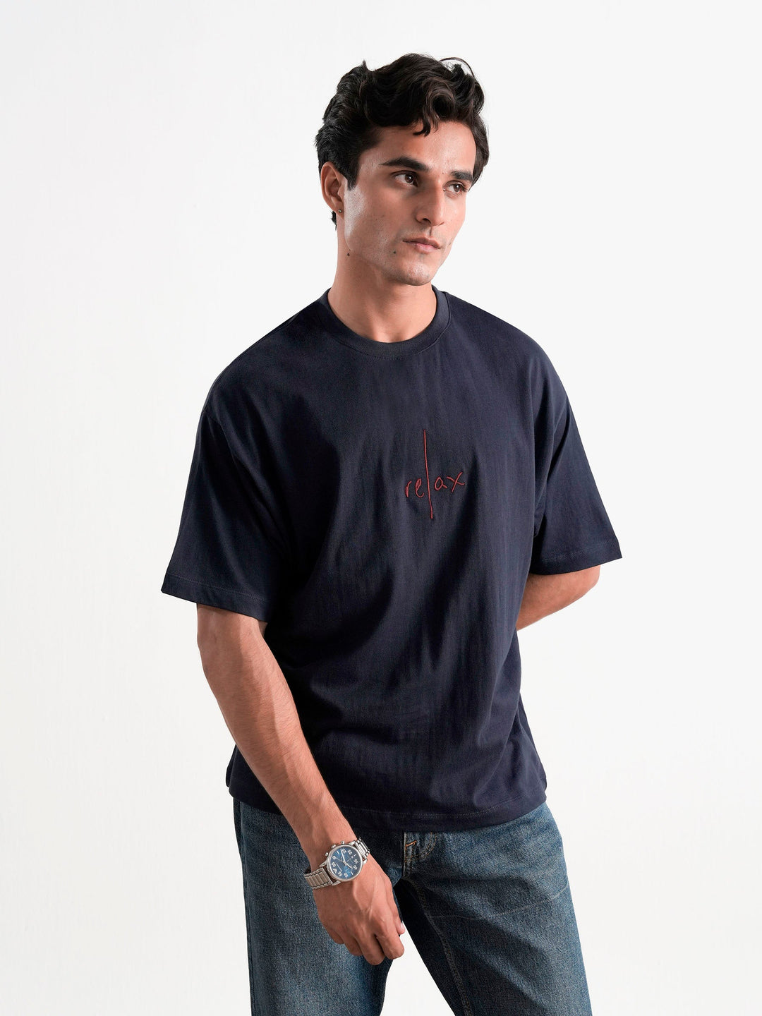 Brumano Cotton Printed Men - NavyBlue Oversized T-Shirt With Minimalist 'Relax' Embroidery
