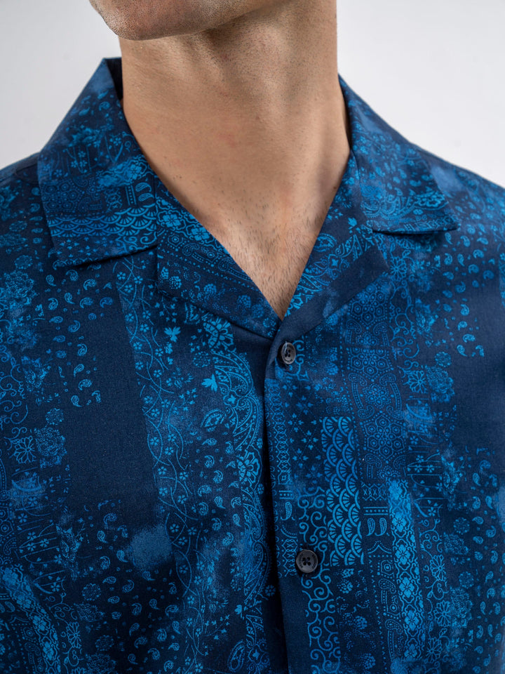 Brumano Ready To Wear Shirts Men 1 Piece Cotton Navy Blue Printed Cuban Collar Shirt 0-33-025-3659 - Summer Collection