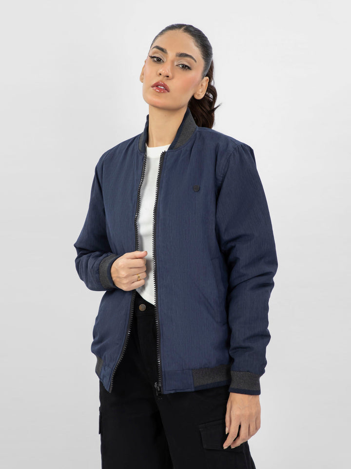 Brumano Pret Solids Polyester 1 Piece Navy Blue Quilted Bomber Jacket With Contrasting Rib - Women