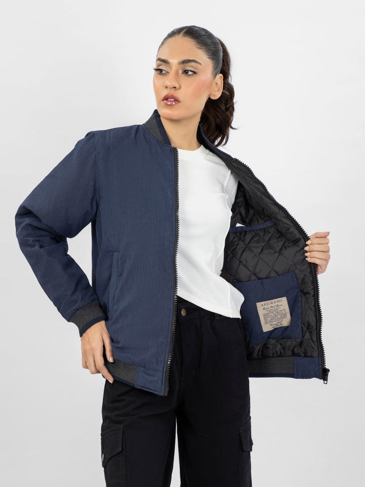 Brumano Pret Solids Polyester 1 Piece Navy Blue Quilted Bomber Jacket With Contrasting Rib - Women