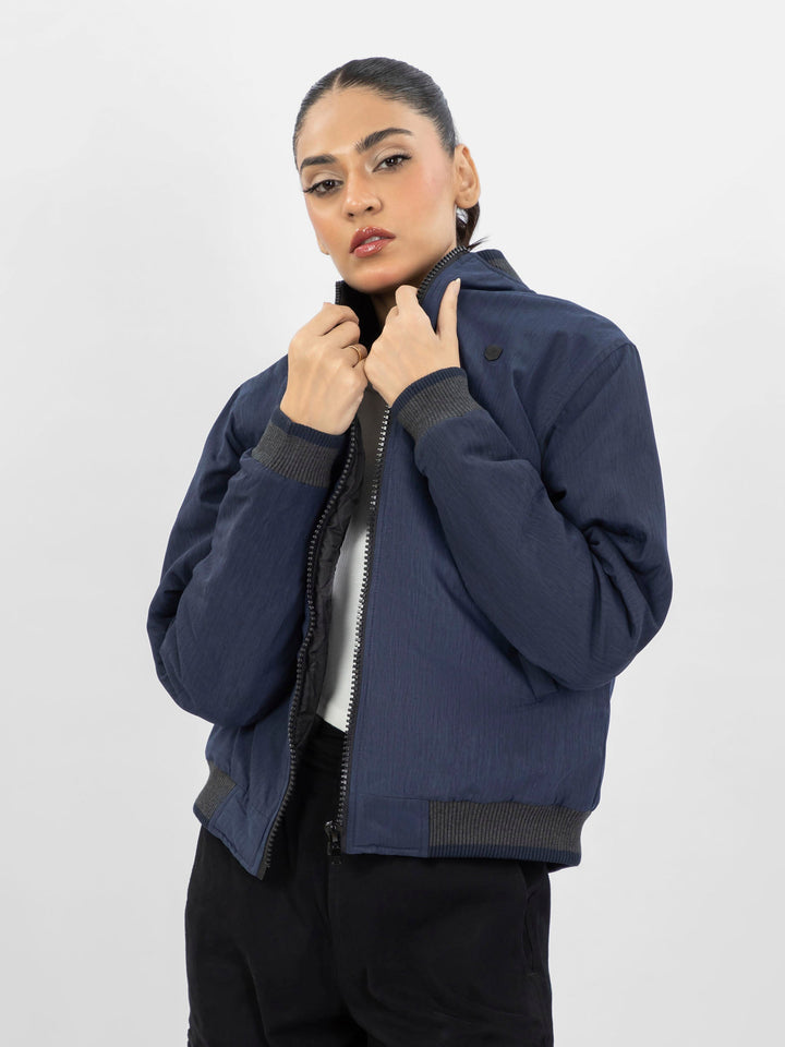 Brumano Pret Solids Polyester 1 Piece Navy Blue Quilted Bomber Jacket With Contrasting Rib - Women