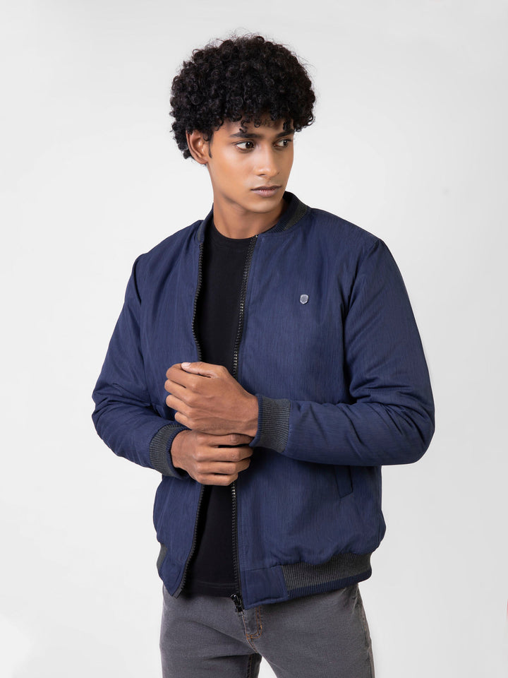 Brumano Pret Solids Polyester 1 Piece Navy Blue Quilted Bomber Jacket With Contrasting Rib