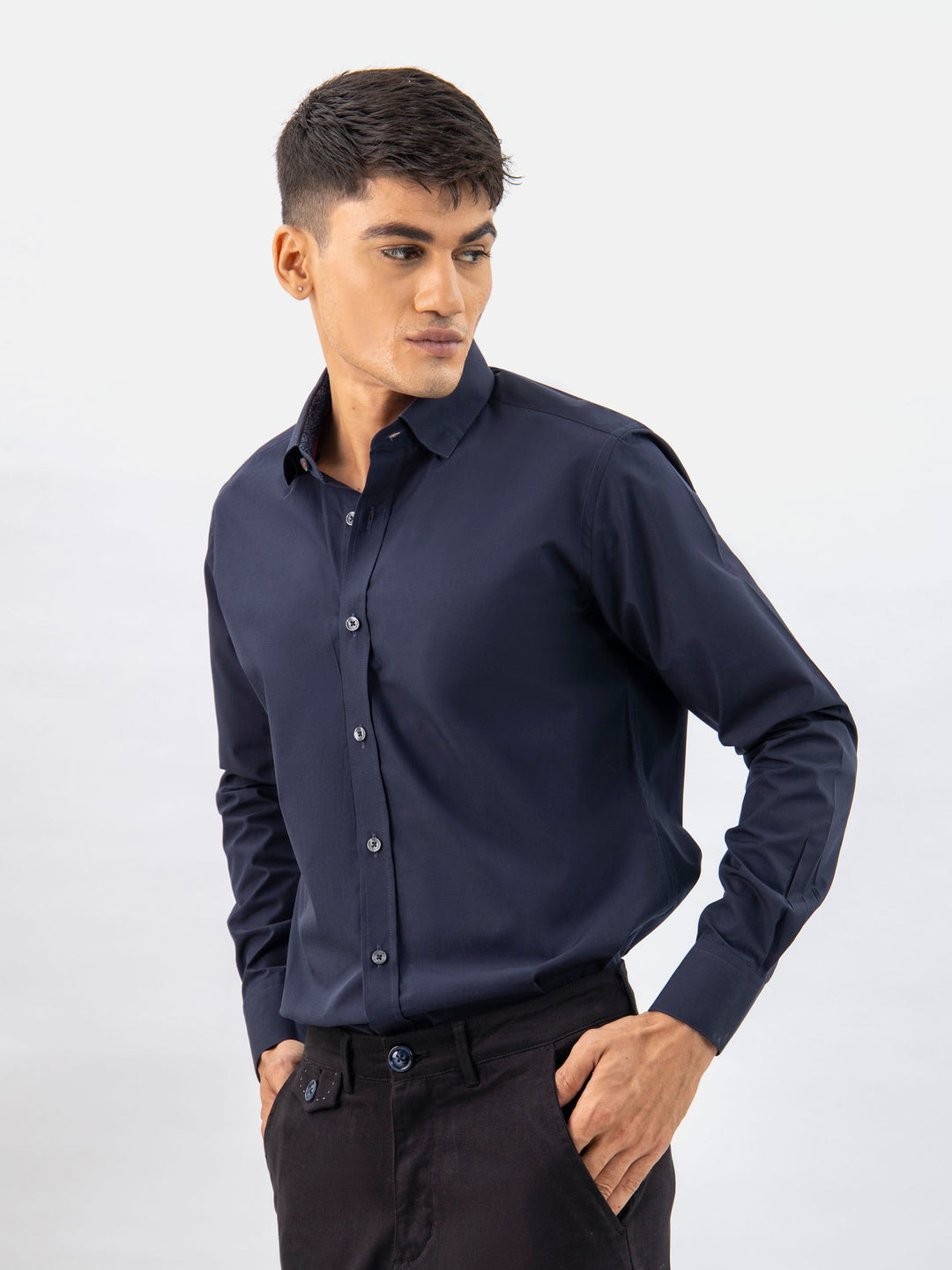 Brumano Ready To Wear Shirts Men 1 Piece Cotton Navy Blue Satin Shirt With Inner Collar Detailing 0-31-024-3380 - Summer Collection