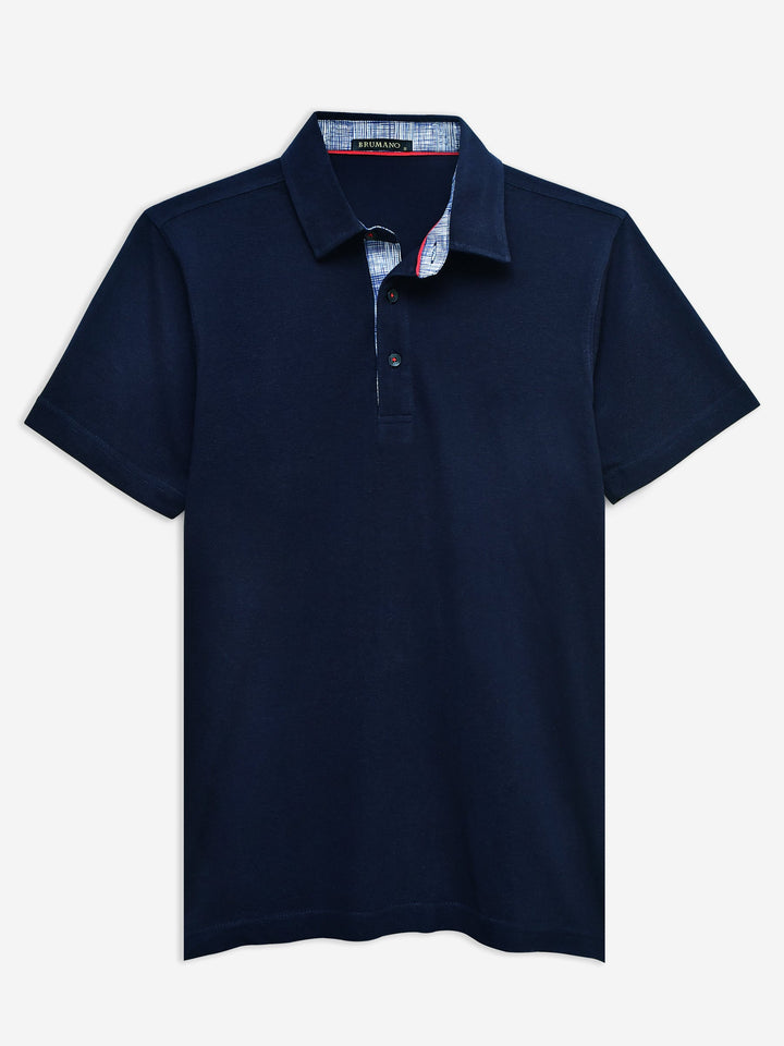 Brumano  Solids Cotton Polo Navy Blue Self Collar Polo With Contrasting Detailing