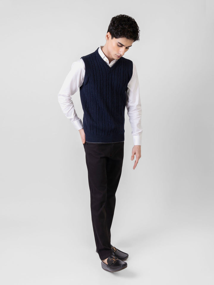 Brumano Ready to Wear Men Cotton Navy Blue Sleeveless Cable Knitted Sweater 0-22-024-3521-D-04 - Winter Collection