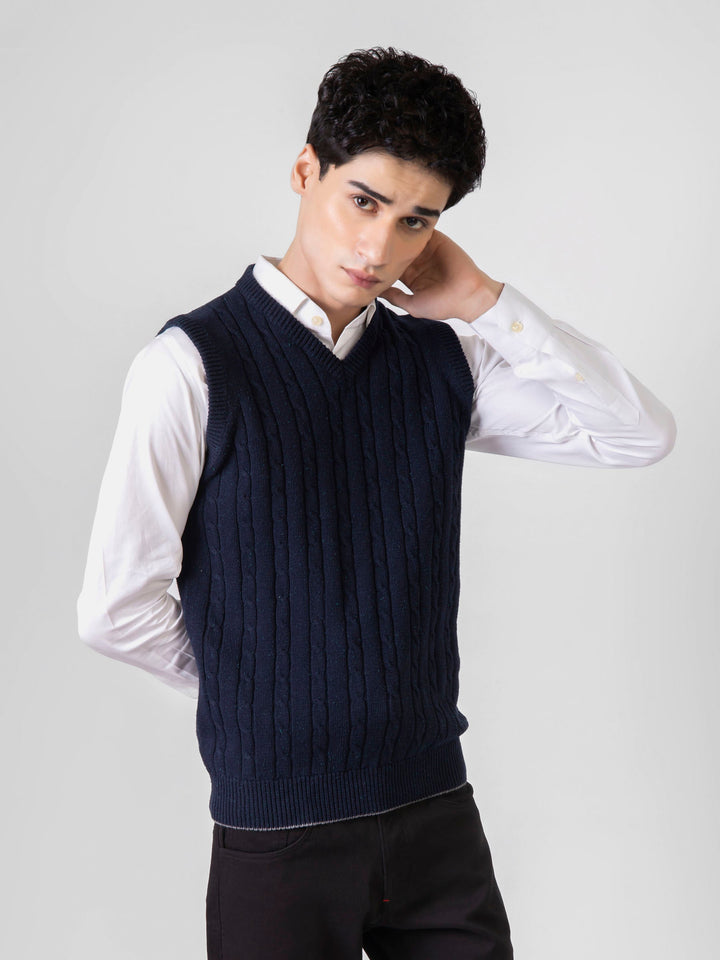Brumano Ready to Wear Men Cotton Navy Blue Sleeveless Cable Knitted Sweater 0-22-024-3521-D-04 - Winter Collection