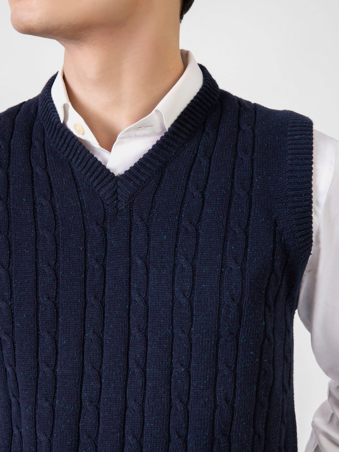 Brumano Ready to Wear Men Cotton Navy Blue Sleeveless Cable Knitted Sweater 0-22-024-3521-D-04 - Winter Collection