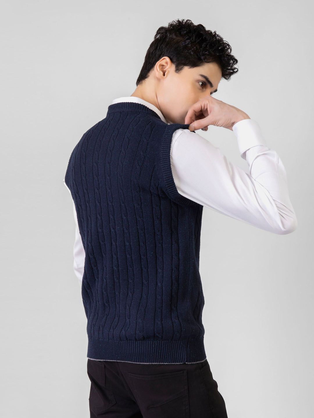 Brumano Ready to Wear Men Cotton Navy Blue Sleeveless Cable Knitted Sweater 0-22-024-3521-D-04 - Winter Collection