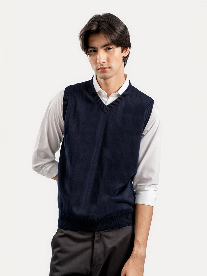 Brumano Mens RTW Solids Cotton 1 Piece Navy Blue V-Neck Sweater Winter Collection