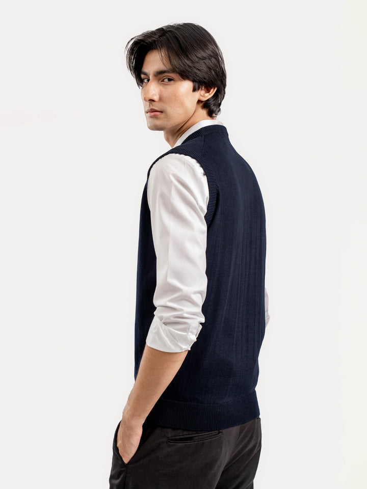 Brumano Ready to Wear Men Cotton Navy Blue Sleeveless V-Neck Sweater 0-22-025-4884-D-08 - Winter Collection