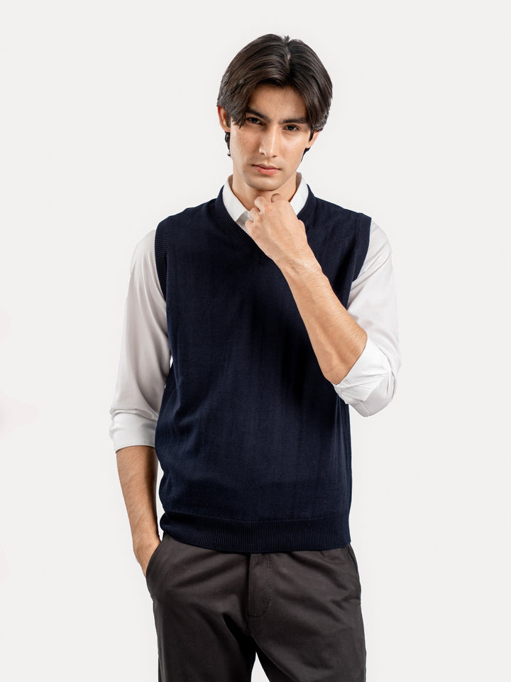 Brumano Mens RTW Solids Cotton 1 Piece Navy Blue V-Neck Sweater Winter Collection