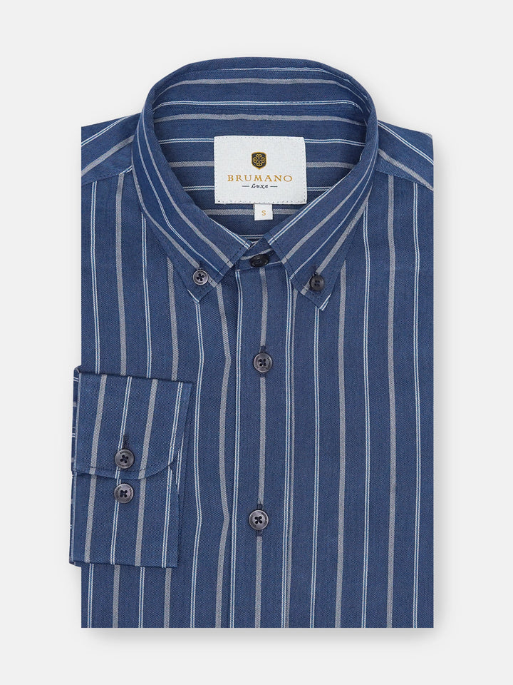 Brumano Ready To Wear Shirts Men 1 Piece Cotton Navy Blue Striped Button Down Shirt 0-32-024-2093 - Summer Collection