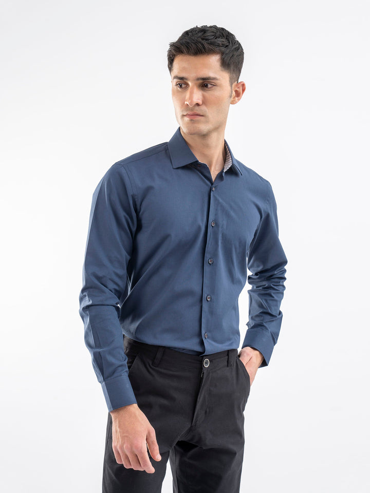Brumano Ready To Wear Shirts Men 1 Piece Cotton Navy Blue Structured Formal Shirt With Inner Collar Detailing 0-31-025-4195 - Summer Collection