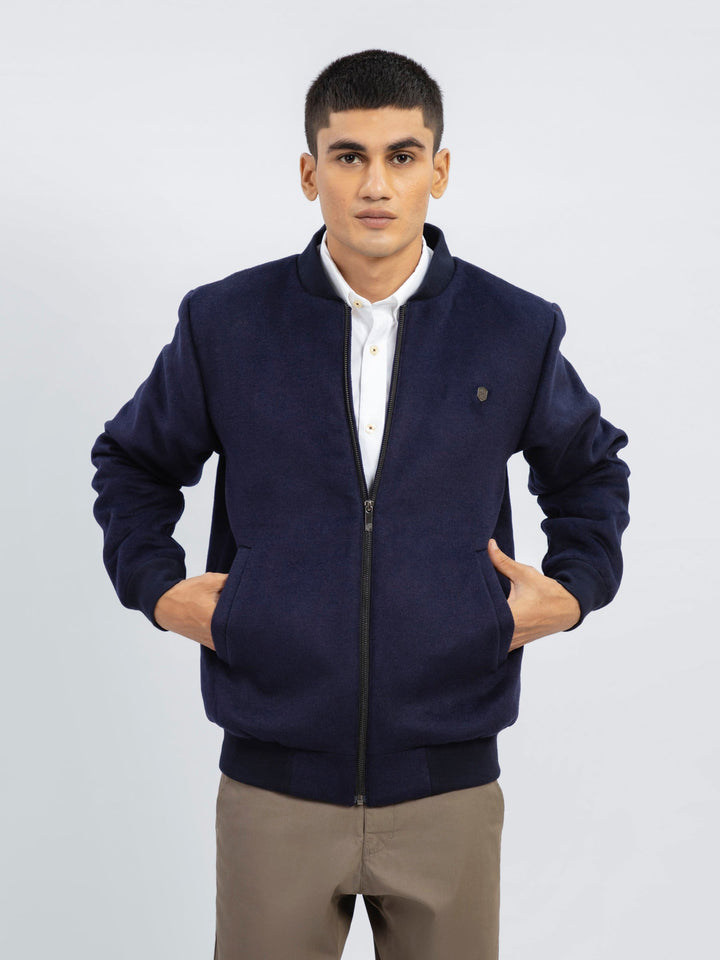 Brumano Pret Solids Polyester 1 Piece Navy Blue Wool Bomber Jacket - Limited Edition