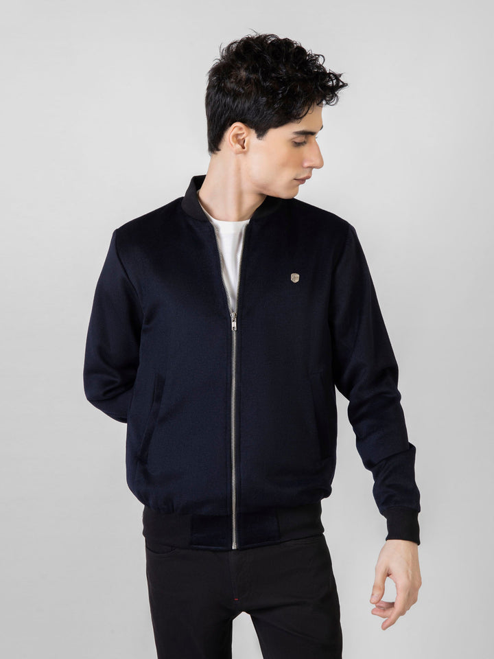 Brumano Pret Solids Polyester 1 Piece Navy Blue Wool Bomber Jacket