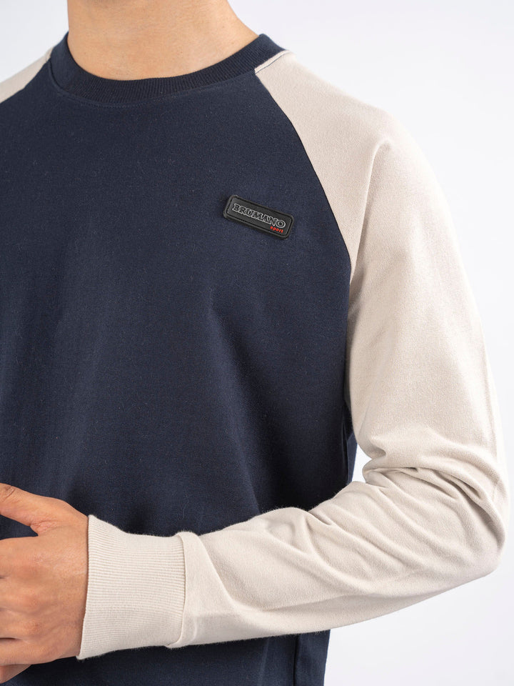 Brumano Ready To Wear Solids Cotton 1 Piece Men Navy Blue & Beige Raglan Sleeves Crew Neck Sweatshirt 0-45-024-4301 - Winter Collection