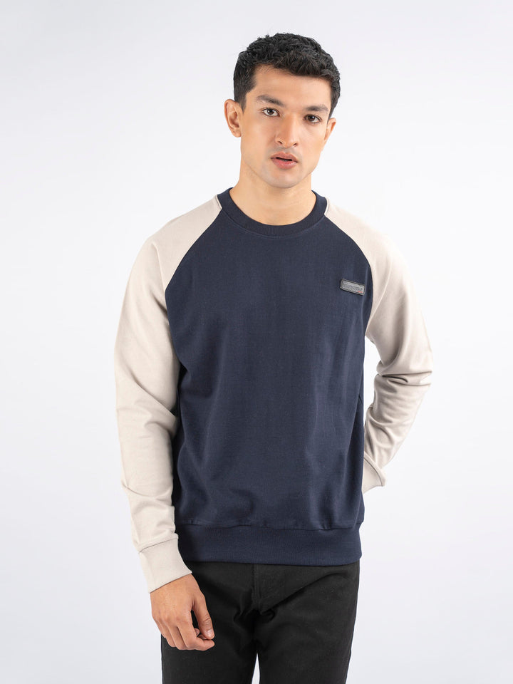 Brumano Ready To Wear Solids Cotton 1 Piece Men Navy Blue & Beige Raglan Sleeves Crew Neck Sweatshirt 0-45-024-4301 - Winter Collection