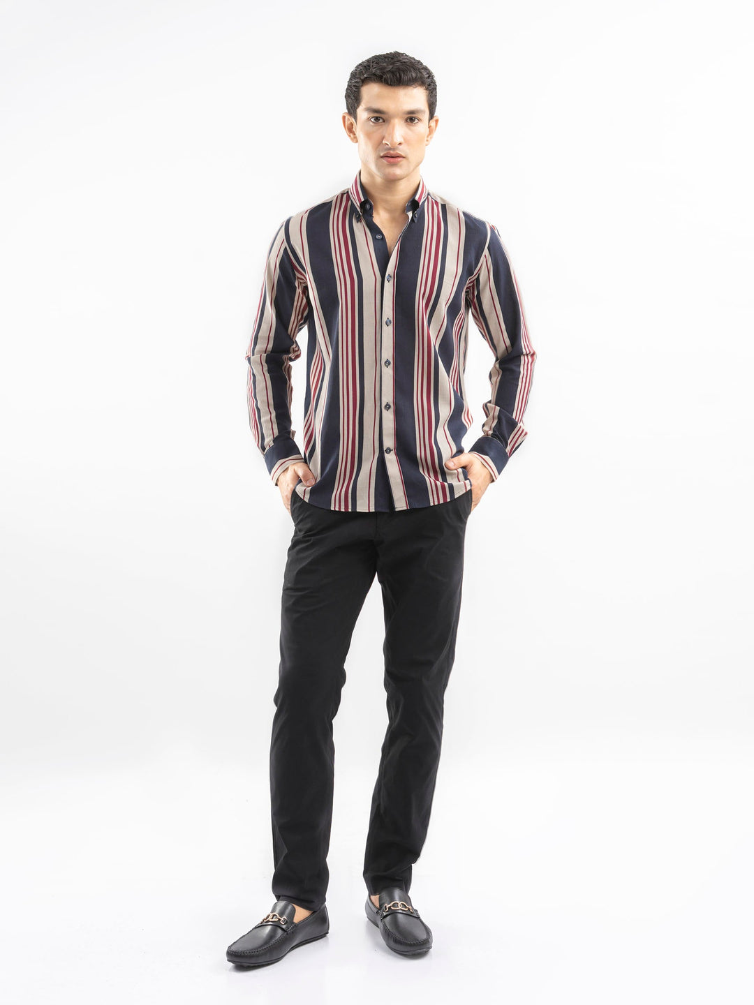 Brumano Ready To Wear Shirts Men 1 Piece Cotton Navy Blue & Beige Striped Button Down Shirt 0-31-025-4400 - Summer Collection