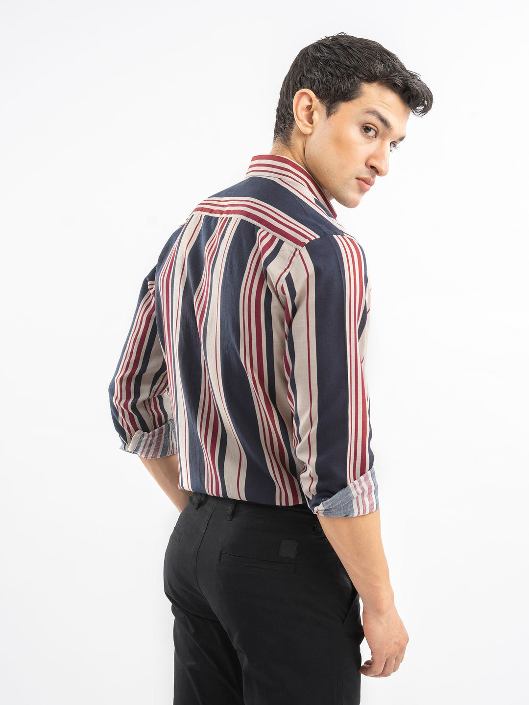 Brumano Ready To Wear Shirts Men 1 Piece Cotton Navy Blue & Beige Striped Button Down Shirt 0-31-025-4400 - Summer Collection