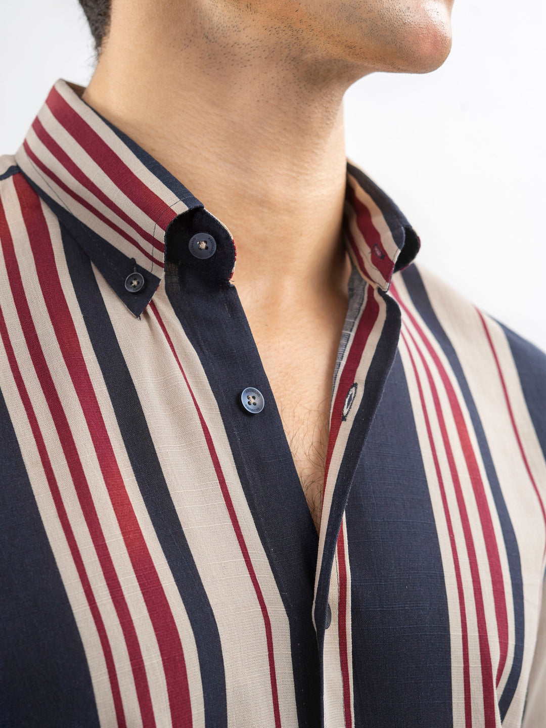 Brumano Ready To Wear Shirts Men 1 Piece Cotton Navy Blue & Beige Striped Button Down Shirt 0-31-025-4400 - Summer Collection