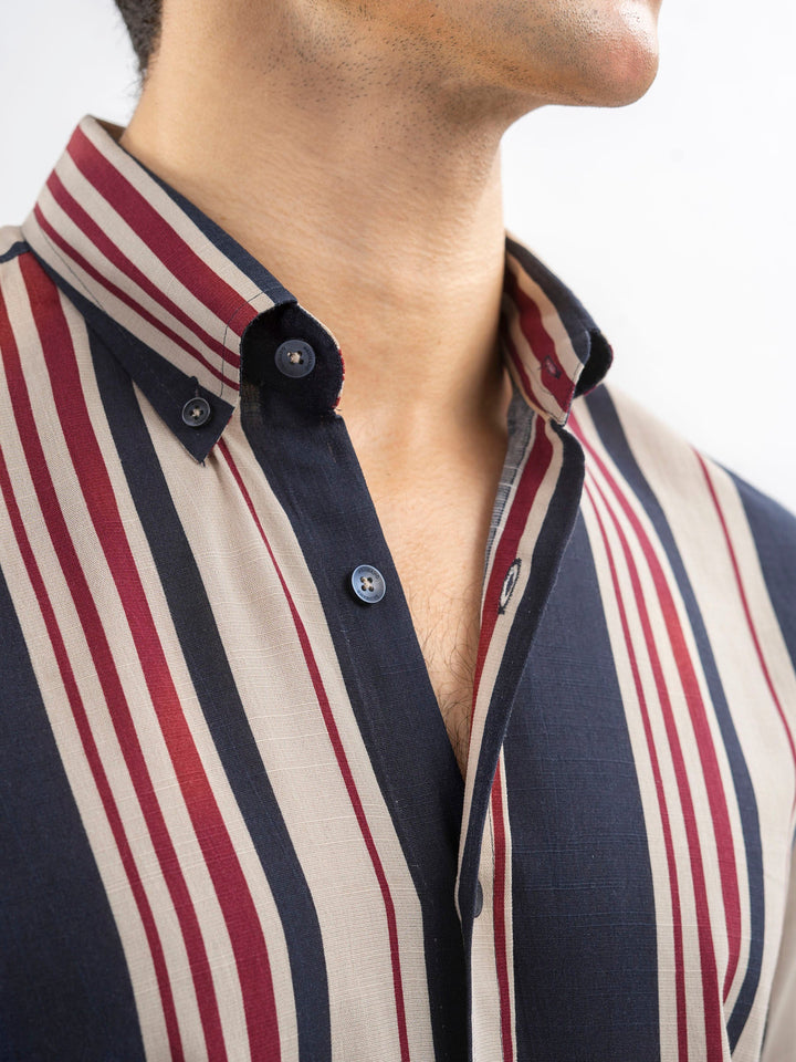 Brumano Ready To Wear Shirts Men 1 Piece Cotton Navy Blue & Beige Striped Button Down Shirt 0-31-025-4400 - Summer Collection