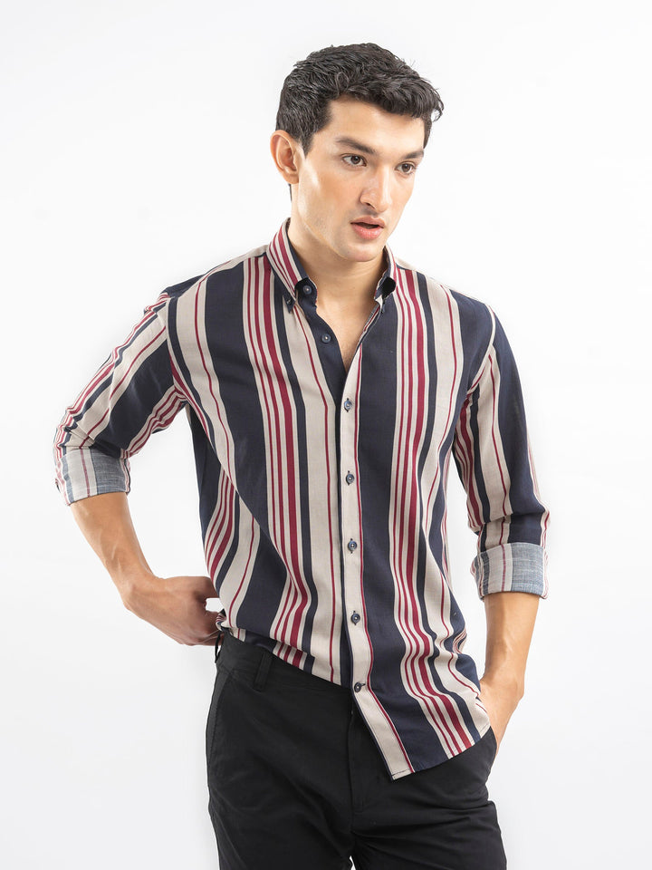Brumano Ready To Wear Shirts Men 1 Piece Cotton Navy Blue & Beige Striped Button Down Shirt 0-31-025-4400 - Summer Collection