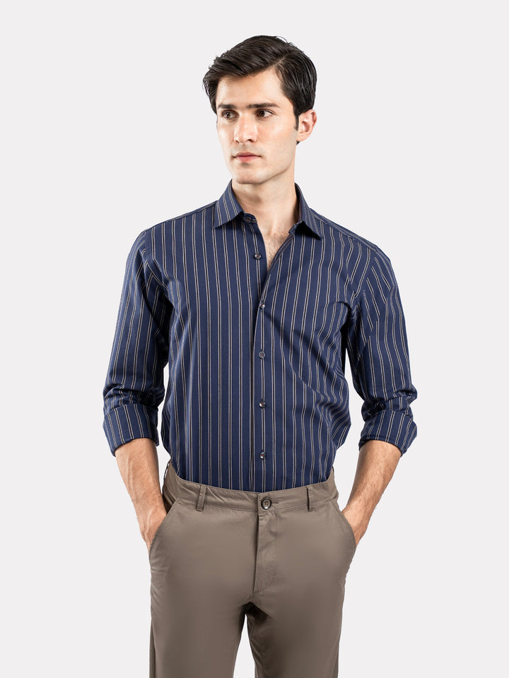 Brumano Ready To Wear Shirts Men 1 Piece Cotton Navy Blue & Black Striped Formal Shirt 0-31-025-4702 - Summer Collection