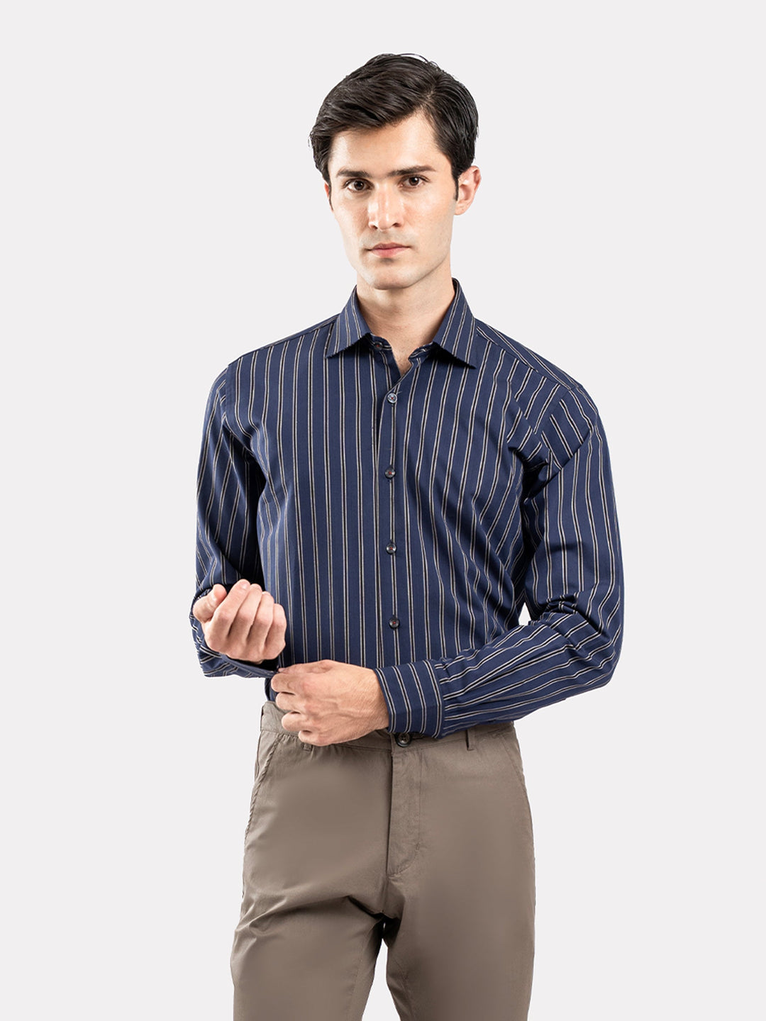 Brumano Ready To Wear Shirts Men 1 Piece Cotton Navy Blue & Black Striped Formal Shirt 0-31-025-4702 - Summer Collection