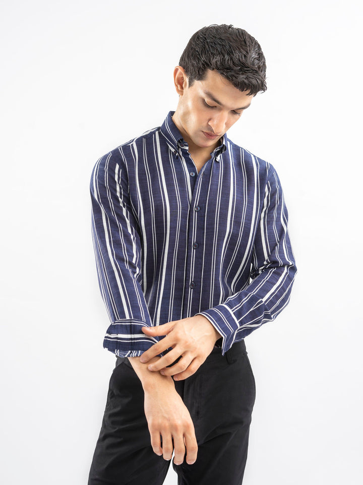 Brumano Ready To Wear Shirts Men 1 Piece Cotton Navy Blue & White Bold Striped Button Down Shirt 0-31-025-4406 - Summer Collection