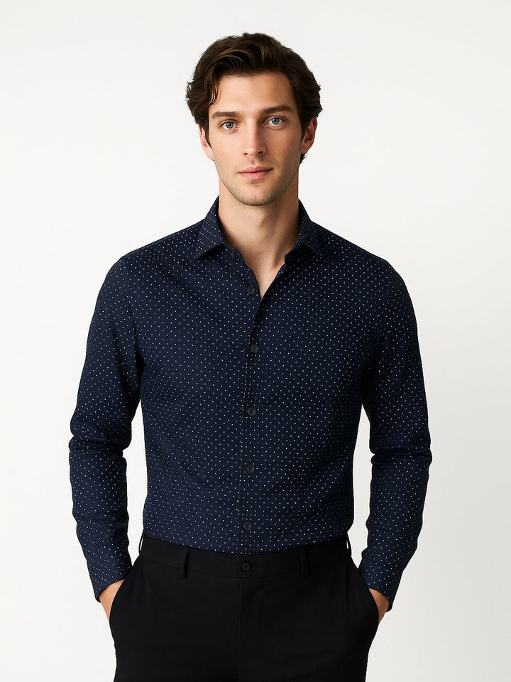 Brumano Ready To Wear Shirts Men 1 Piece Cotton Navy Blue & White Dobby Structured Shirt 0-31-025-4514 - Summer Collection