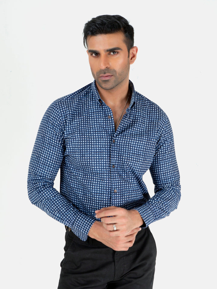 Brumano Ready To Wear Shirts Men 1 Piece Cotton Navy Blue & White Printed Button Down Shirt 0-31-023-2367 - Summer Collection