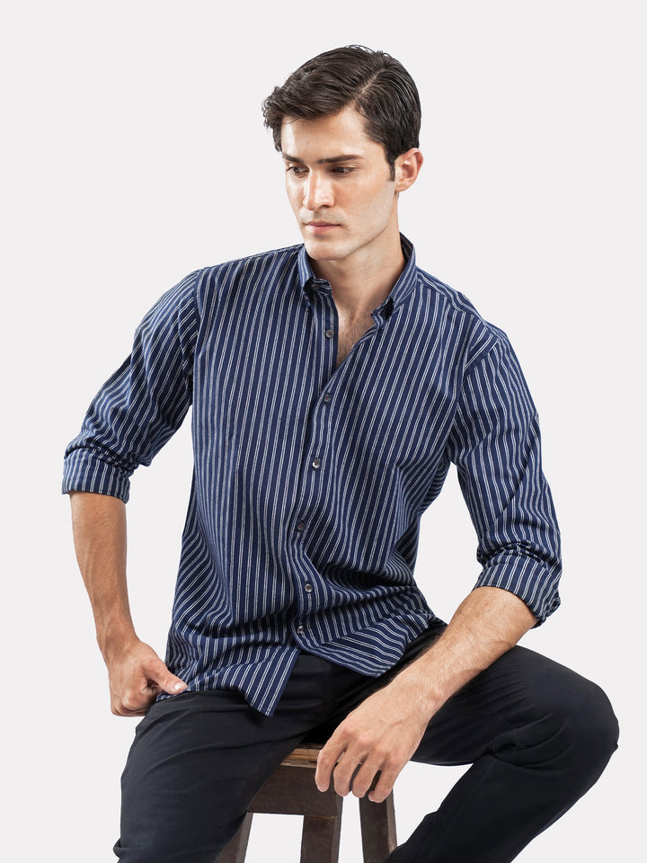 Brumano Ready To Wear Shirts Men 1 Piece Cotton Navy Blue & White Striped Button Down Shirt 0-31-025-4518 - Summer Collection