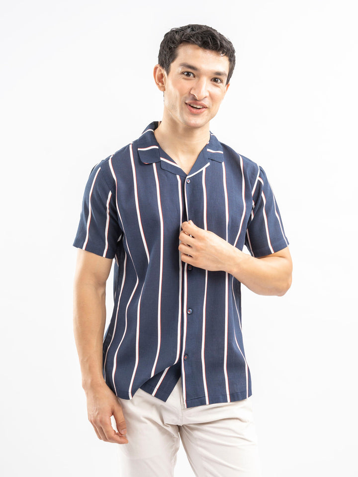 Brumano Ready To Wear Shirts Men 1 Piece Cotton Navy Blue & White Striped Cuban Collar Shirt 0-33-025-4408 - Summer Collection