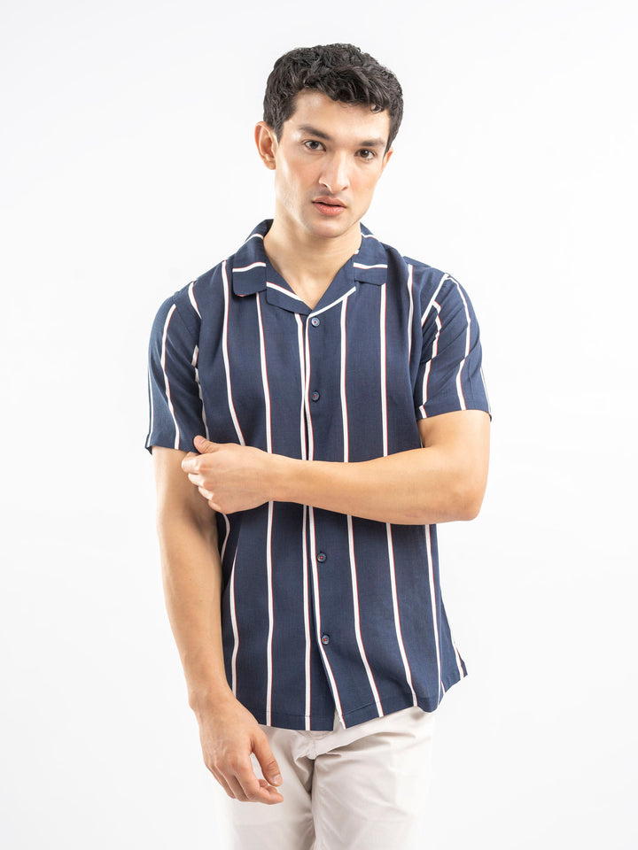 Brumano Ready To Wear Shirts Men 1 Piece Cotton Navy Blue & White Striped Cuban Collar Shirt 0-33-025-4408 - Summer Collection
