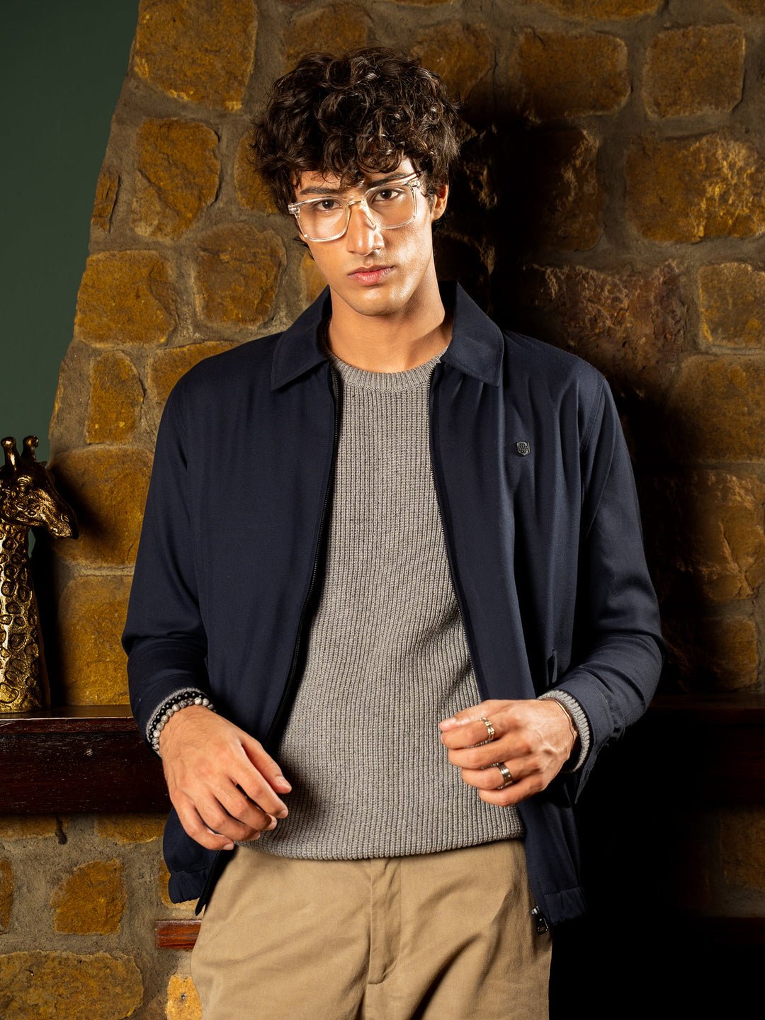 Brumano Ready To Wear Solids Cotton 1 Piece Men Navy Twill Harrington Jacket With Collar 0-11-025-4729 - Winter Collection