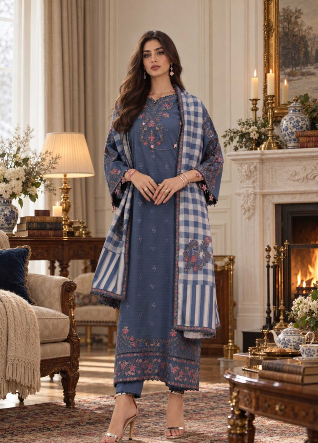 Noor Pashmina Shawl by Saadia Asad Unstitched Embroidered Jacquard 3 Piece Suit SA26UNW D3 - Winter Collection