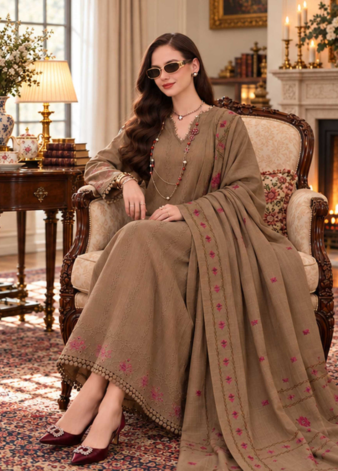 Noor Pashmina Shawl by Saadia Asad Unstitched Embroidered Khaddar 3 Piece Suit SA26UNW D7 - Winter Collection