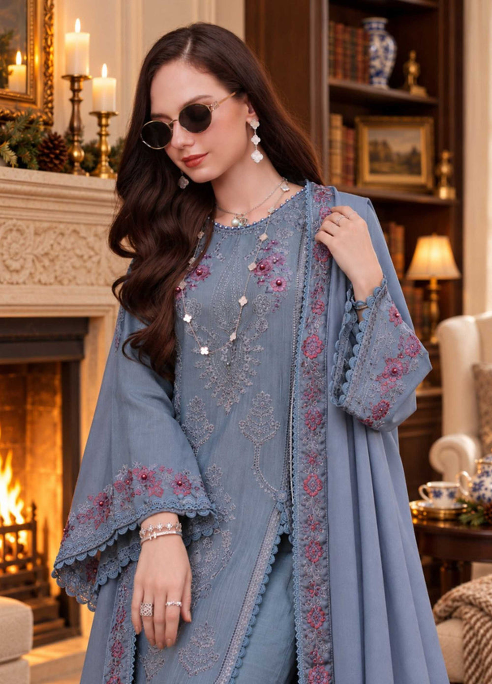 Noor Pashmina Shawl by Saadia Asad Unstitched Embroidered Khaddar 3 Piece Suit SA26UNW D9 - Winter Collection