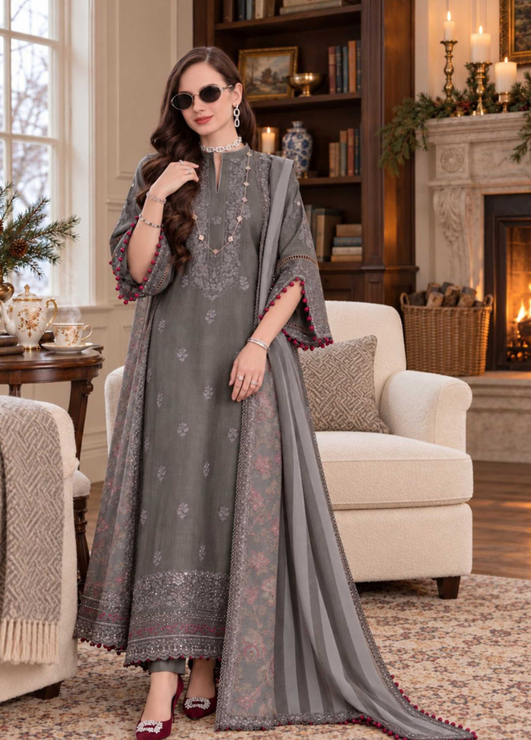 Noor Pashmina Shawl by Saadia Asad Unstitched Embroidered Khaddar 3 Piece Suit SA26UNW D13 - Winter Collection