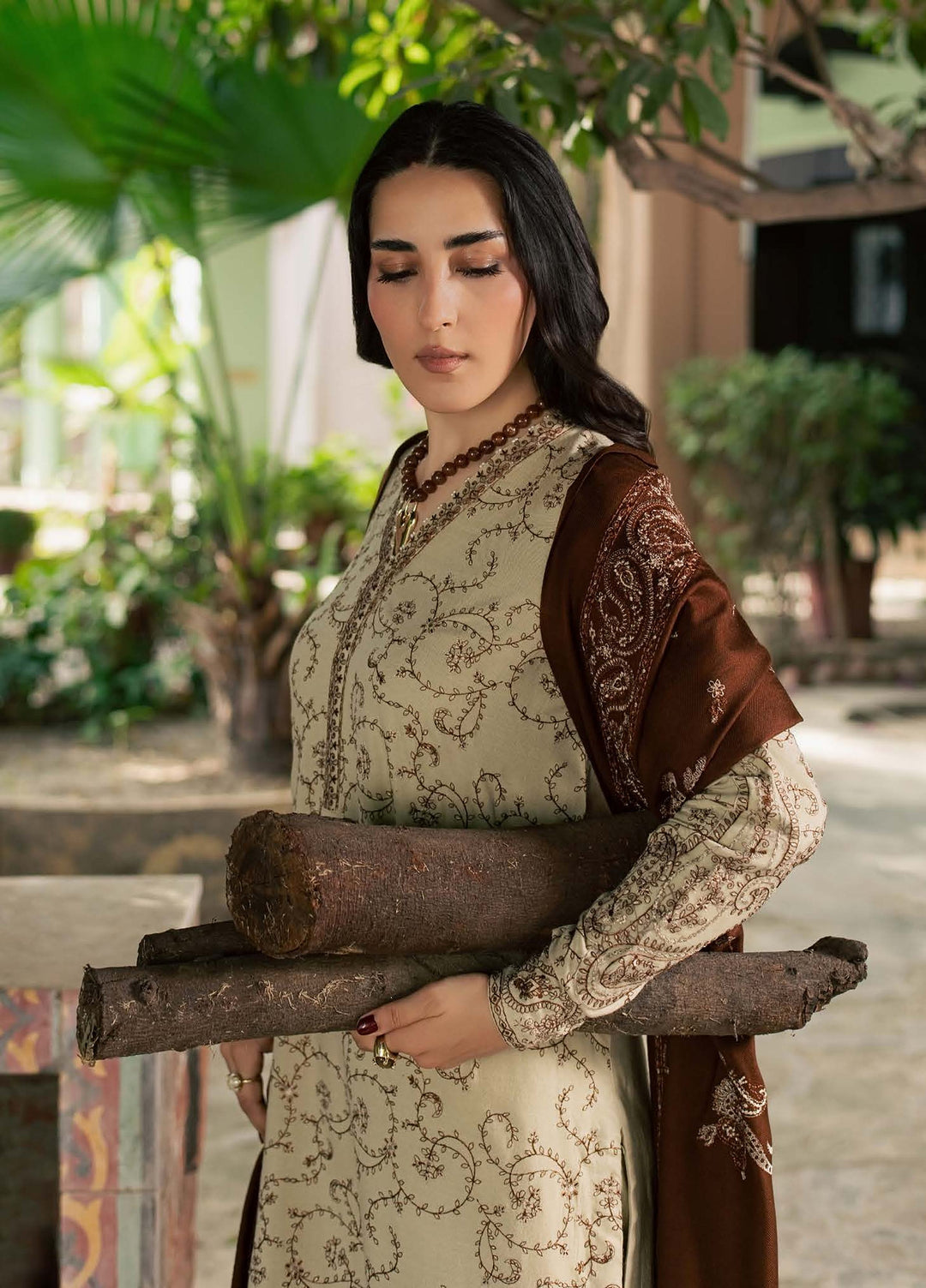 Pashmina Shawl by Nureh Unstitched Embroidered Leather Peach 3 Piece Suit NU26UPS NE-294 - Winter Collection