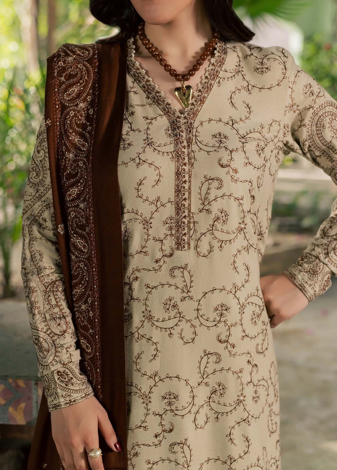 Pashmina Shawl by Nureh Unstitched Embroidered Leather Peach 3 Piece Suit NU26UPS NE-294 - Winter Collection
