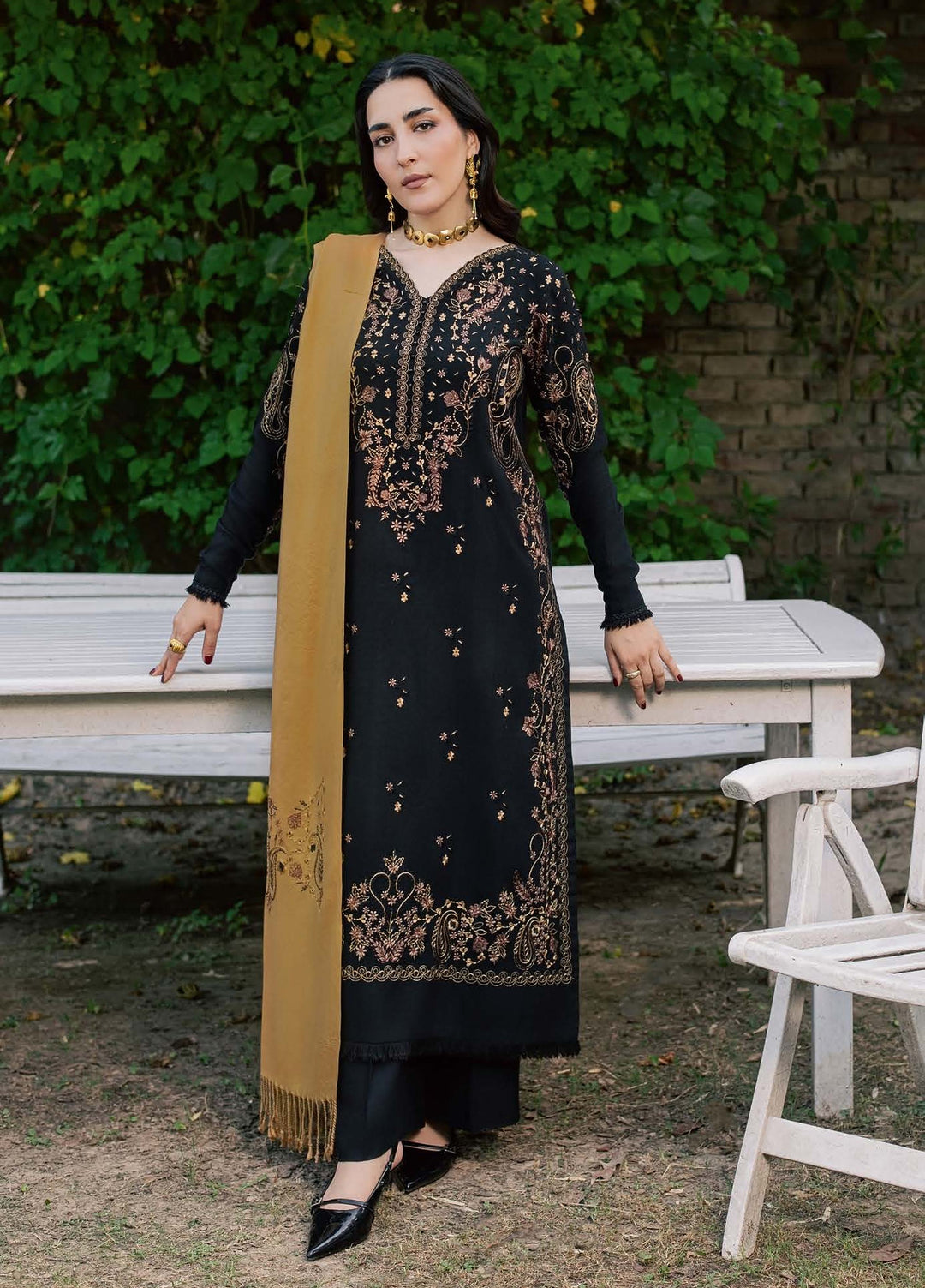 Pashmina Shawl by Nureh Unstitched Embroidered Leather Peach 3 Piece Suit NU26UPS NE-295 - Winter Collection