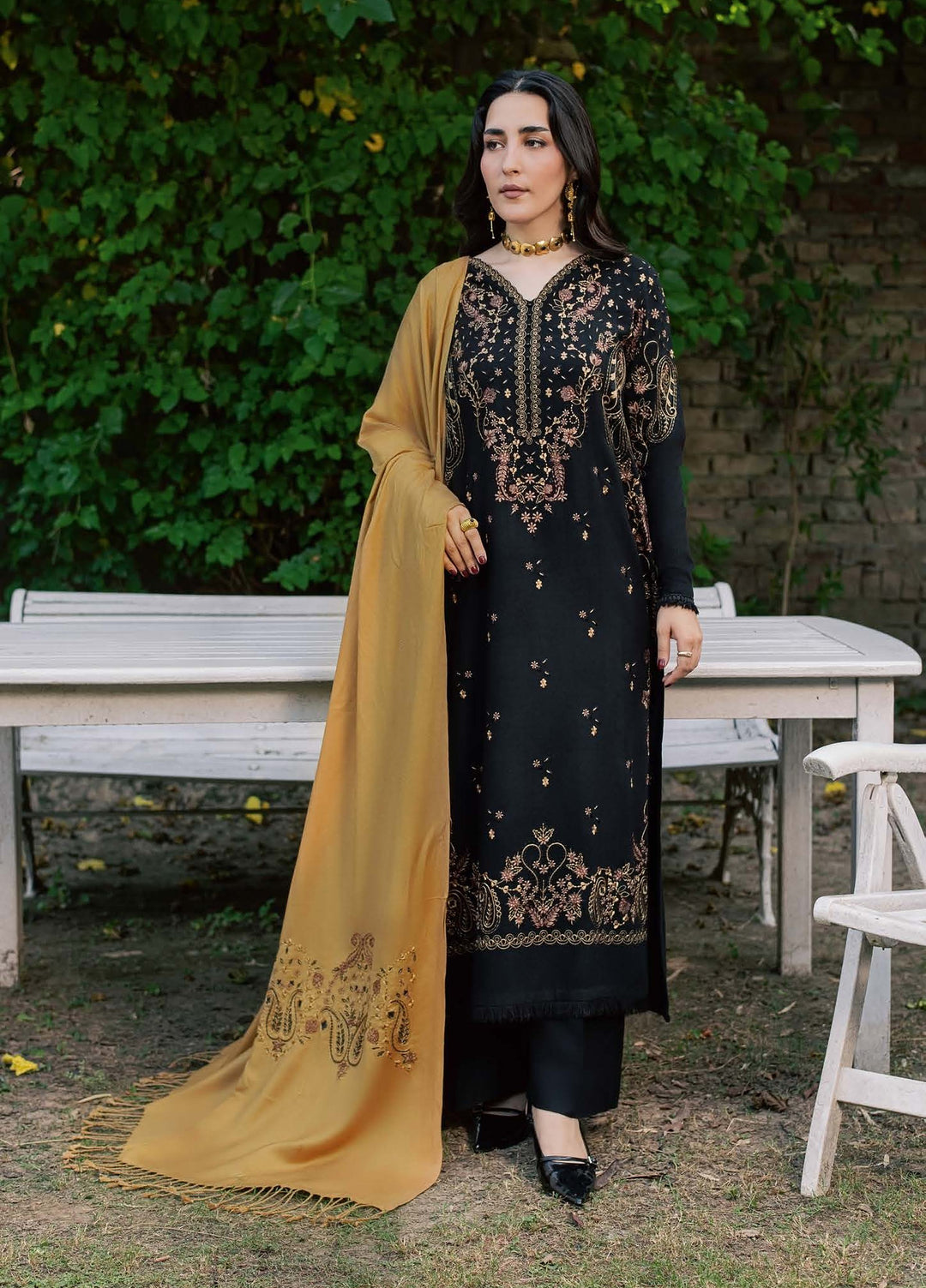 Pashmina Shawl by Nureh Unstitched Embroidered Leather Peach 3 Piece Suit NU26UPS NE-295 - Winter Collection