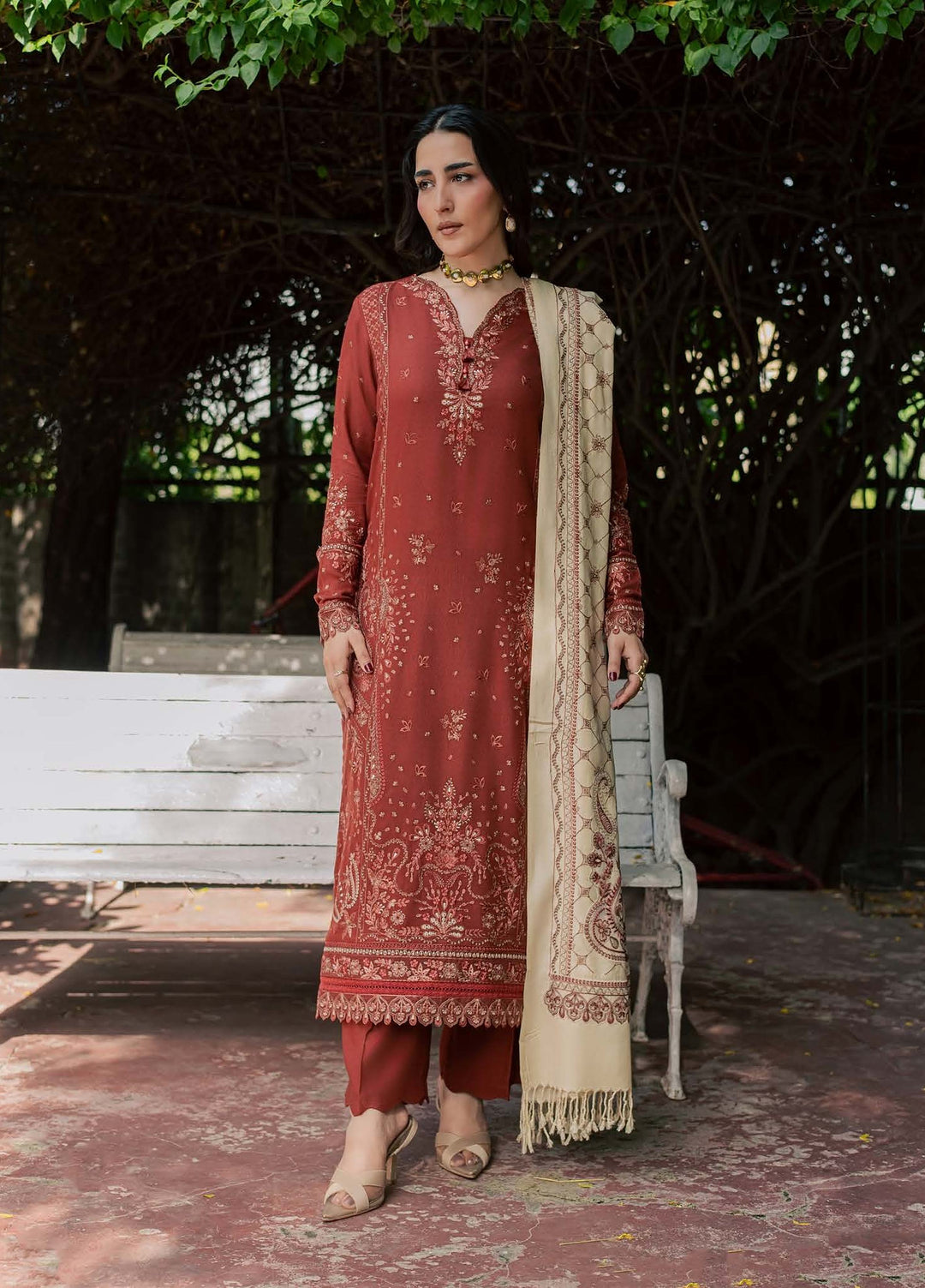 Pashmina Shawl by Nureh Unstitched Embroidered Leather Peach 3 Piece Suit NU26UPS NE-296 - Winter Collection