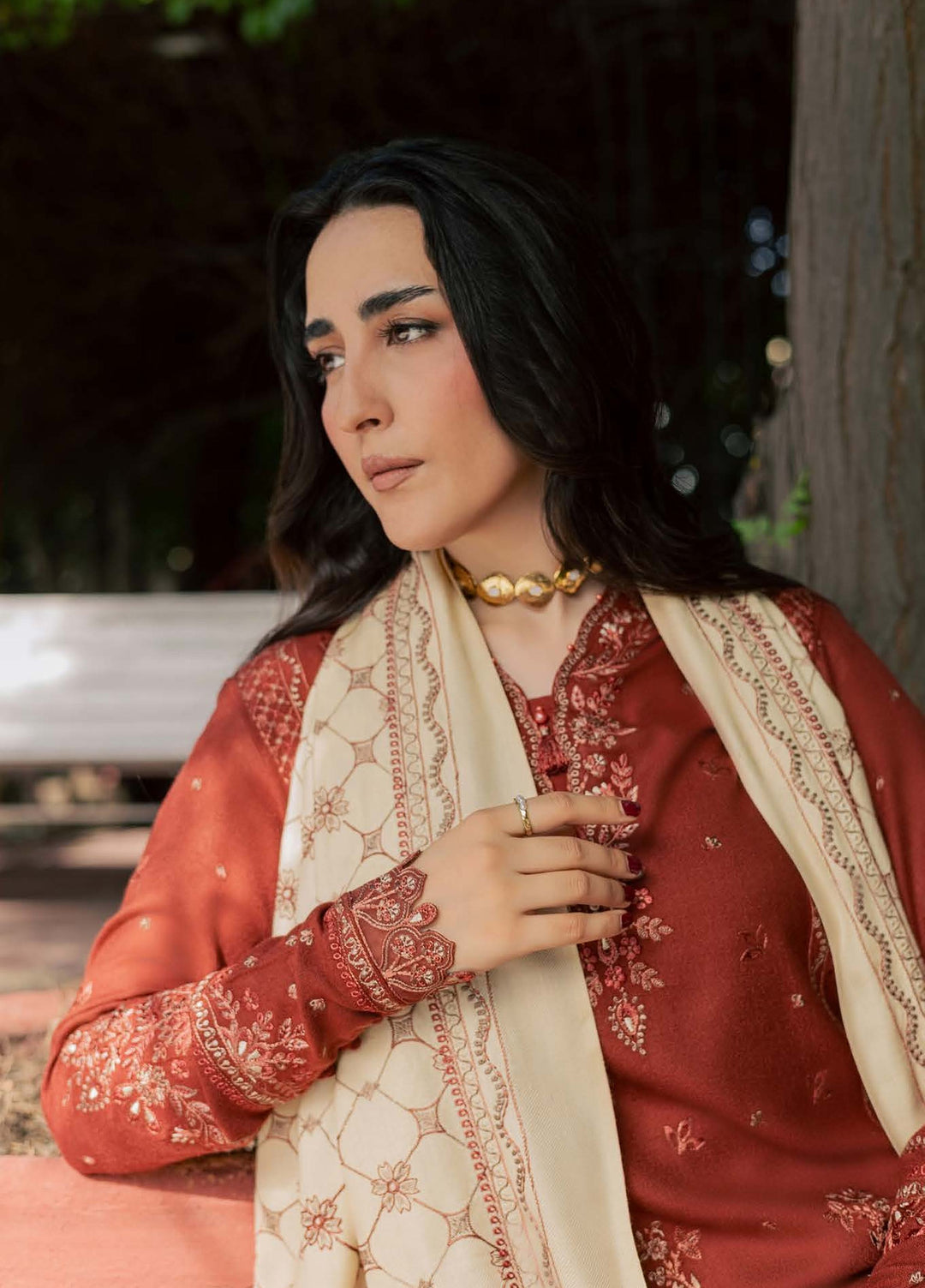 Pashmina Shawl by Nureh Unstitched Embroidered Leather Peach 3 Piece Suit NU26UPS NE-296 - Winter Collection