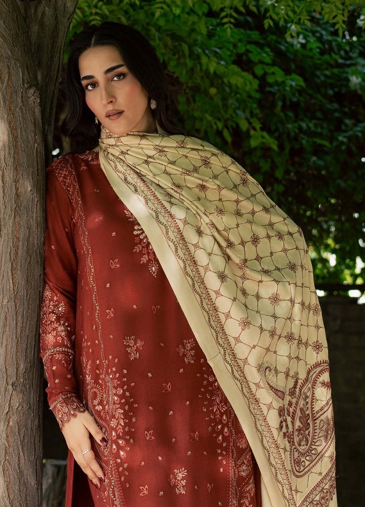 Pashmina Shawl by Nureh Unstitched Embroidered Leather Peach 3 Piece Suit NU26UPS NE-296 - Winter Collection