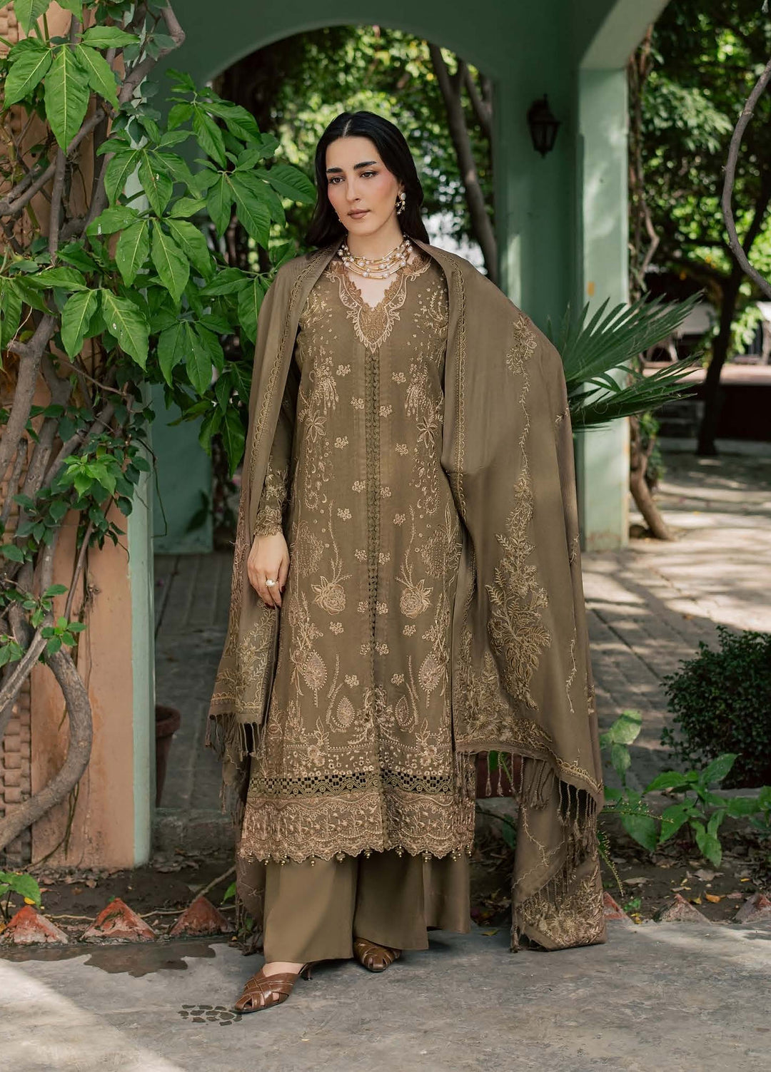 Pashmina Shawl by Nureh Unstitched Embroidered Leather Peach 3 Piece Suit NU26UPS NE-297 - Winter Collection