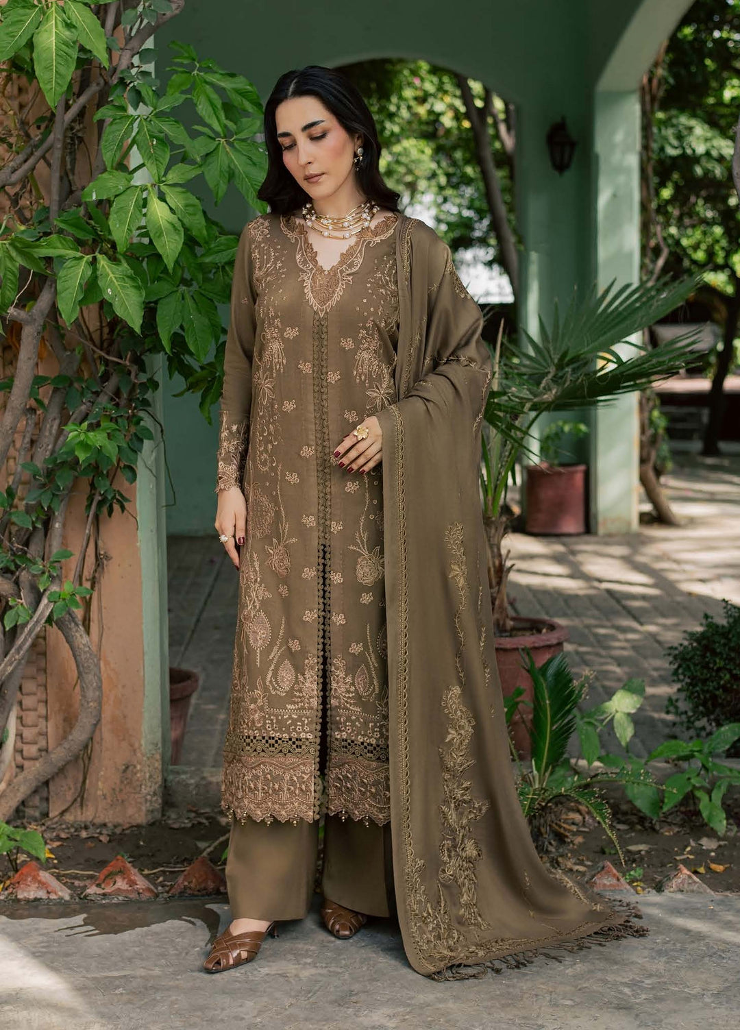 Pashmina Shawl by Nureh Unstitched Embroidered Leather Peach 3 Piece Suit NU26UPS NE-297 - Winter Collection
