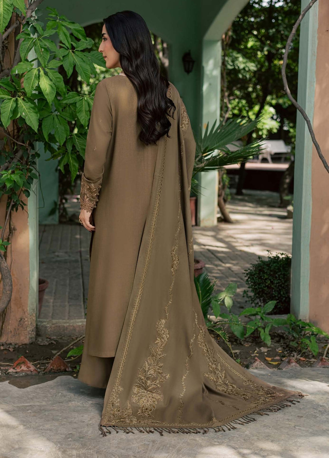 Pashmina Shawl by Nureh Unstitched Embroidered Leather Peach 3 Piece Suit NU26UPS NE-297 - Winter Collection