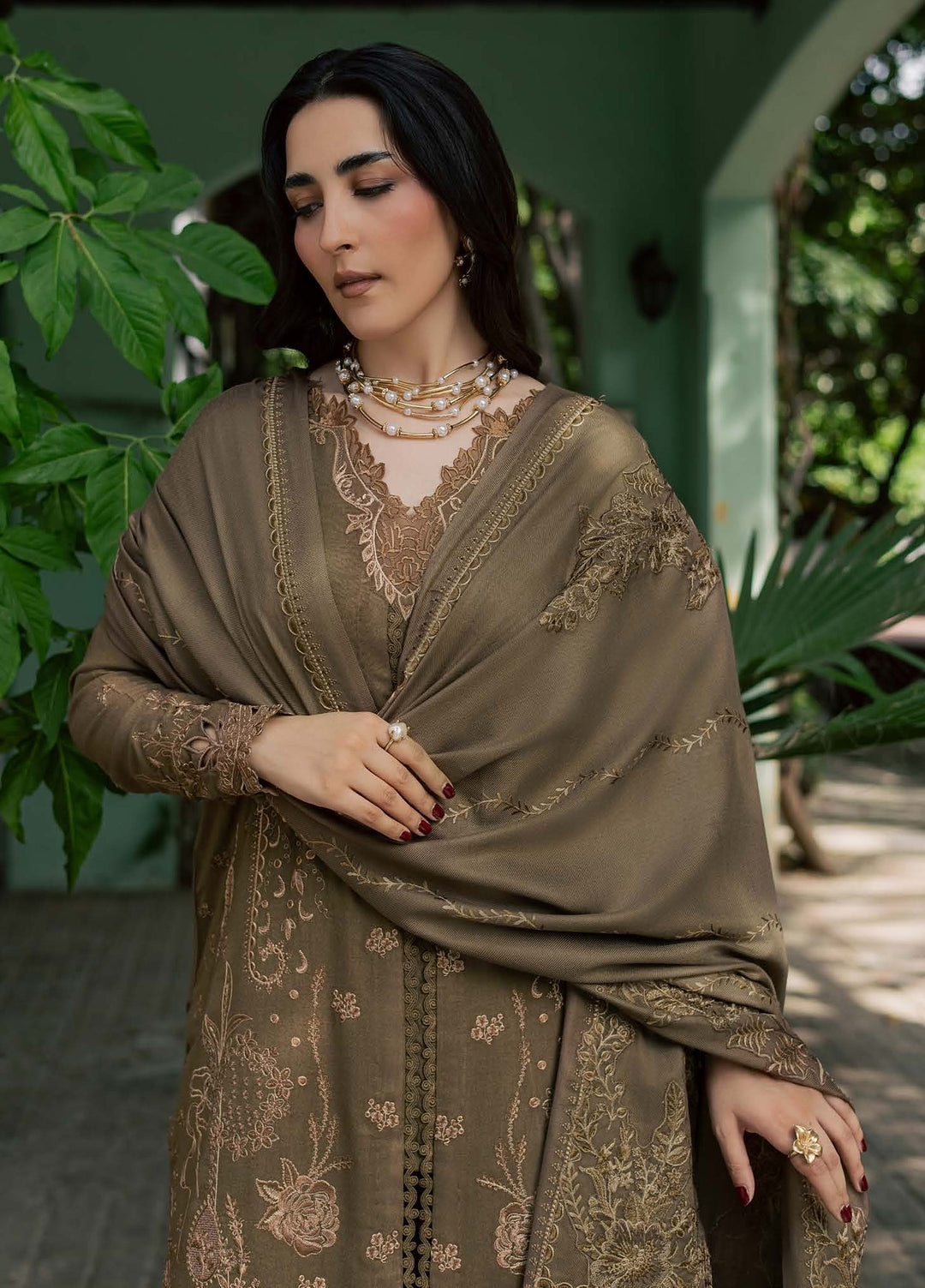 Pashmina Shawl by Nureh Unstitched Embroidered Leather Peach 3 Piece Suit NU26UPS NE-297 - Winter Collection
